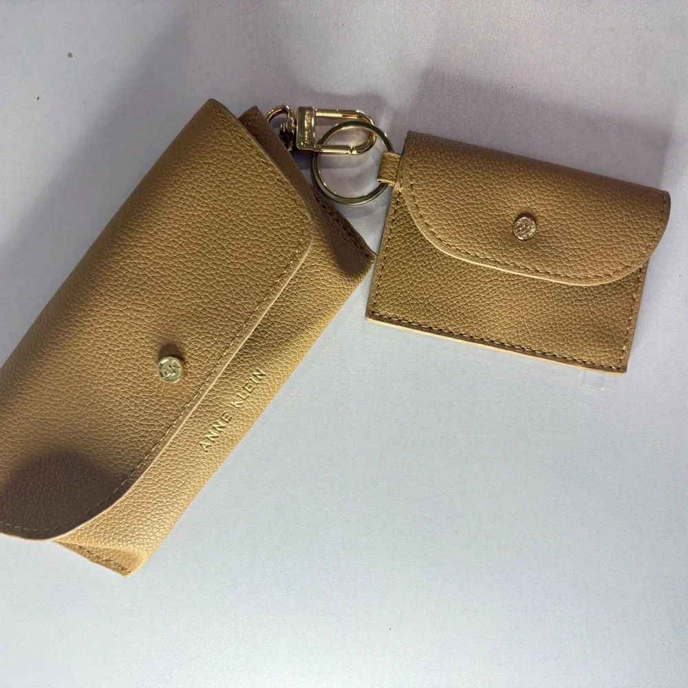 Anne Klein Tan Pebbled Faux Leather Glasses Case and Key Ring Pouch Set